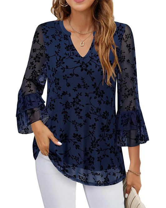 Furnex Plus Size Dressy Tops for Women: Ladies Tops and Blouses Bell 3/4 Sleeve V Neck Floral Fall Tops for Women 2024 Lightweight Comfy Tops Elegant Layered Comfy Tops Elegant Navy Blue XXL